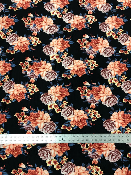 Beautiful Floral Print On Black Polyester Spandex Bulgari Fabric - Black Floral Print, 58"-60" Width