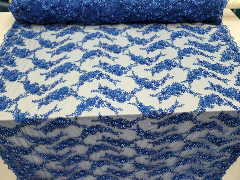 3D Floral Lace Royal Blue with Pearls