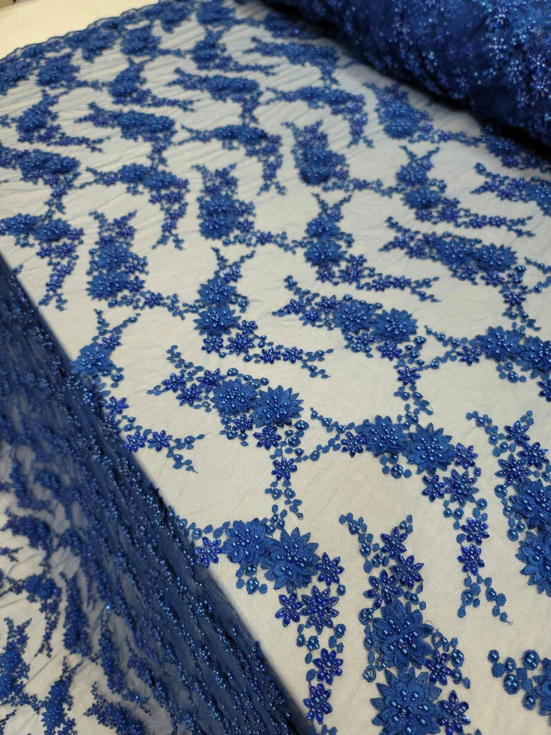 3D Floral Lace Royal Blue with Pearls