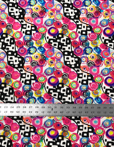 Retro Multi Color Circle Abstract Design Nylon Spandex Fabric - Multi Color Abstract Circle Print, 58-60" Width