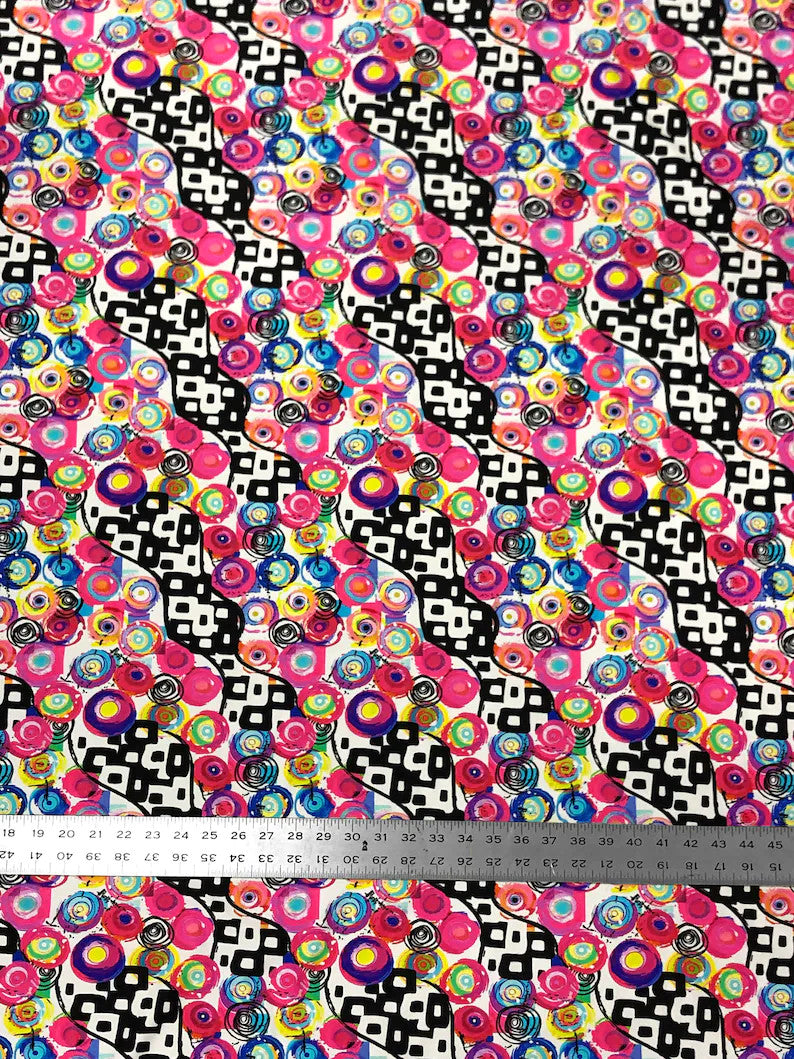 Retro Multi Color Circle Abstract Design Nylon Spandex Fabric - Multi Color Abstract Circle Print, 58-60" Width