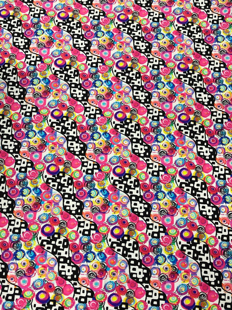 Retro Multi Color Circle Abstract Design Nylon Spandex Fabric - Multi Color Abstract Circle Print, 58-60" Width
