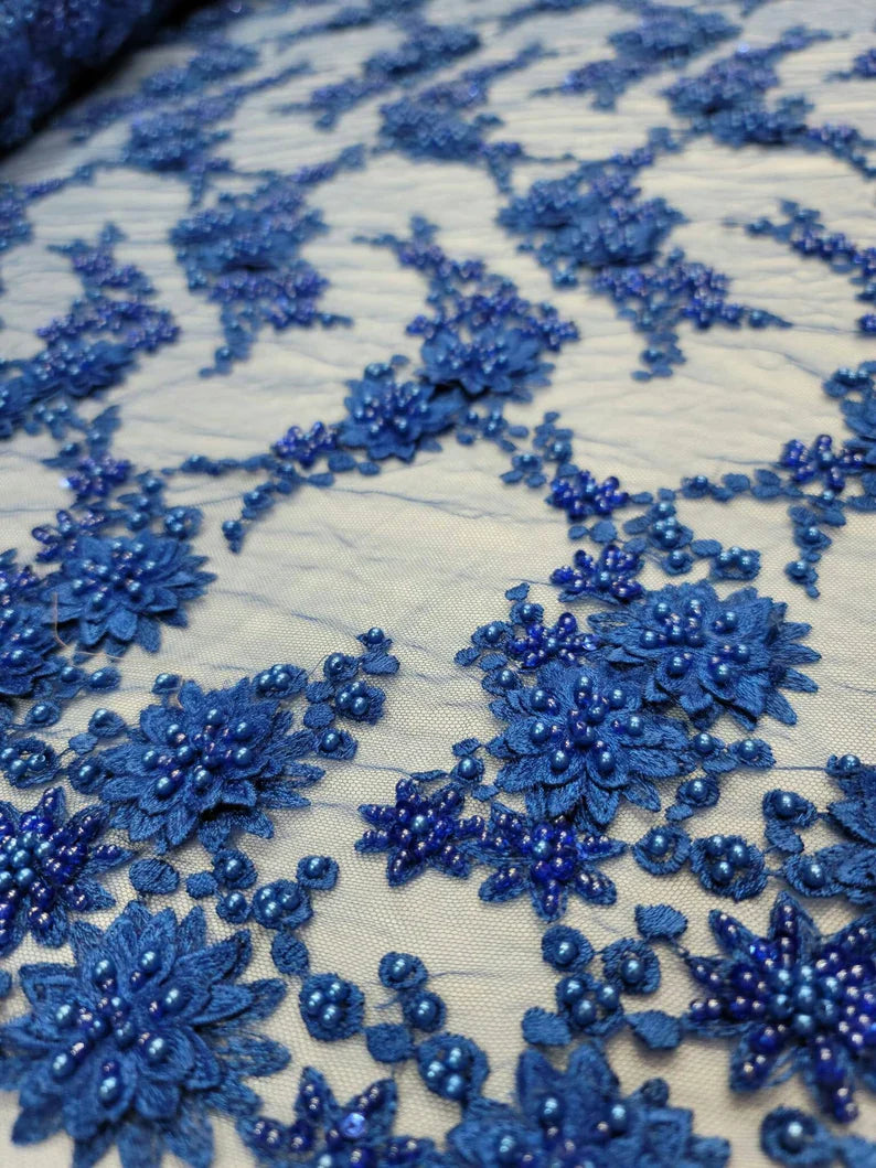 3D Floral Lace Royal Blue with Pearls