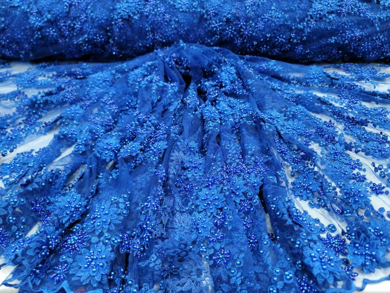 3D Floral Lace Royal Blue with Pearls