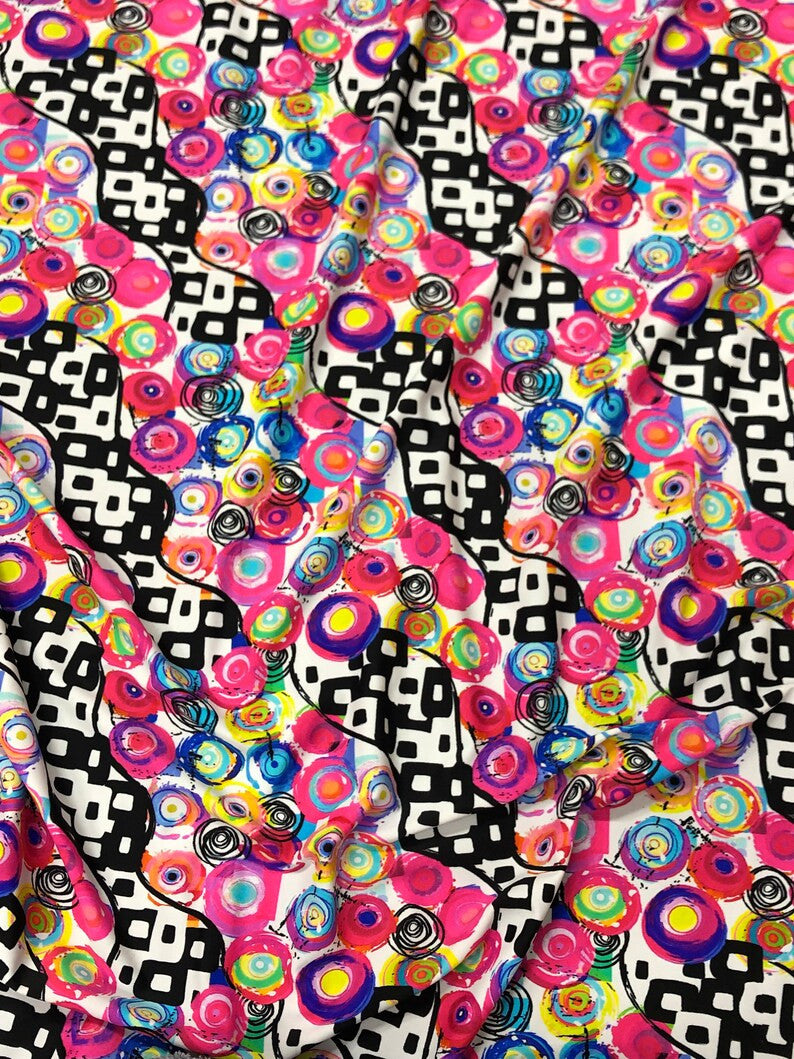 Retro Multi Color Circle Abstract Design Nylon Spandex Fabric - Multi Color Abstract Circle Print, 58-60" Width