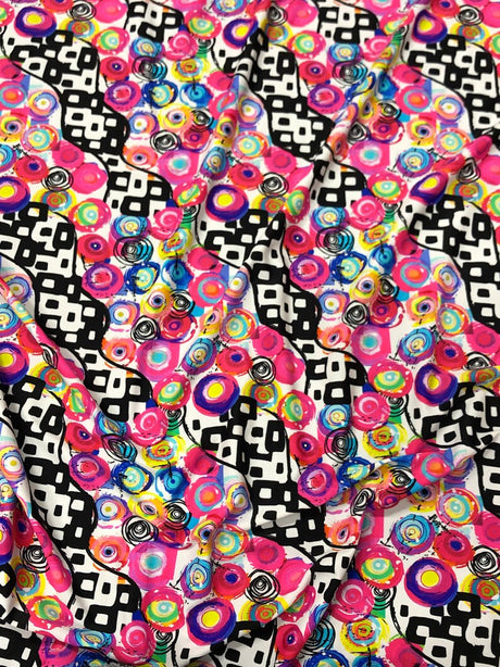 Retro Multi Color Circle Abstract Design Nylon Spandex Fabric - Multi Color Abstract Circle Print, 58-60" Width