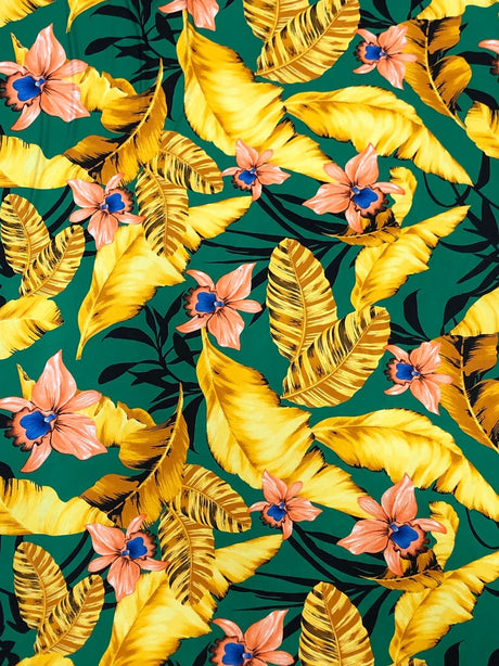 Big Hawaiian Flowers Poly Spandex Fabric - Green, Navy, Yellow, Fuchsia Floral Print, 58"-60" Width