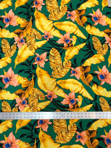 Big Hawaiian Flowers Poly Spandex Fabric - Green, Navy, Yellow, Fuchsia Floral Print, 58"-60" Width