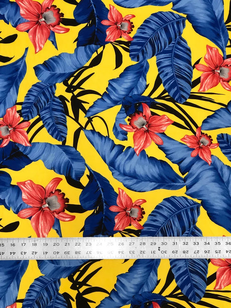 Big Hawaiian Flowers Poly Spandex Fabric - Green, Navy, Yellow, Fuchsia Floral Print, 58"-60" Width