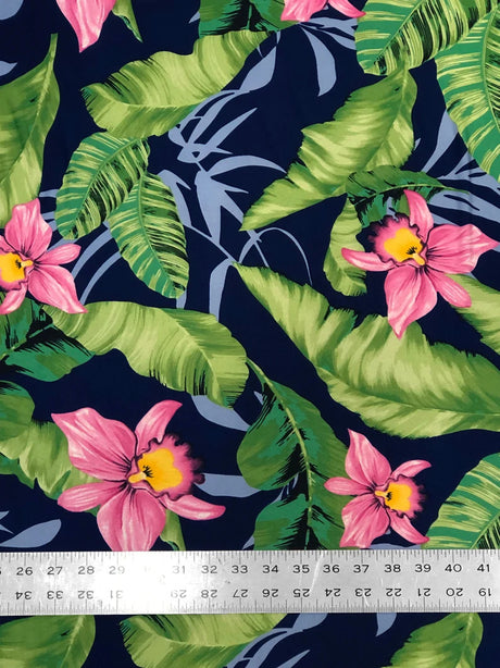 Big Hawaiian Flowers Poly Spandex Fabric - Green, Navy, Yellow, Fuchsia Floral Print, 58"-60" Width