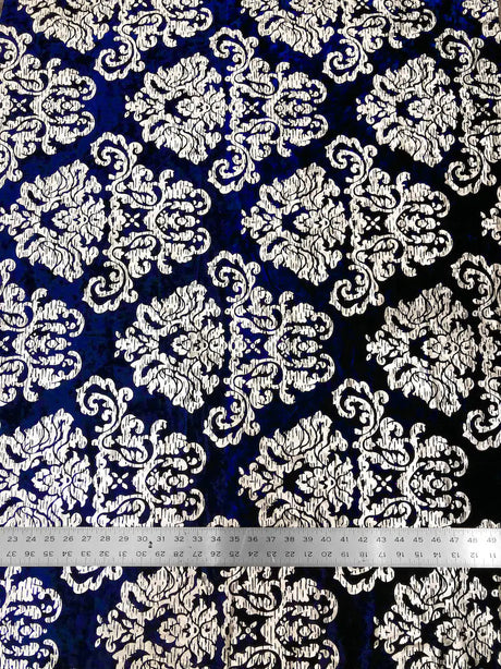 Polyester Crushed Velvet Fabric - Silver Foil Big Damask, 58-60" Width