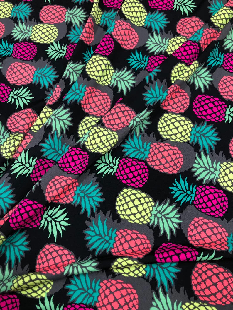 Nylon Spandex Fabric - Medium Weight Neon Pineapples Design, 57-58" Width