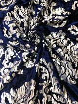 Polyester Crushed Velvet Fabric - Silver Foil Big Damask, 58-60" Width