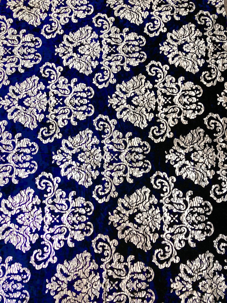 Polyester Crushed Velvet Fabric - Silver Foil Big Damask, 58-60" Width