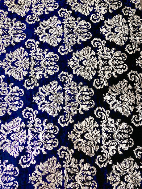 Polyester Crushed Velvet Fabric - Silver Foil Big Damask, 58-60" Width
