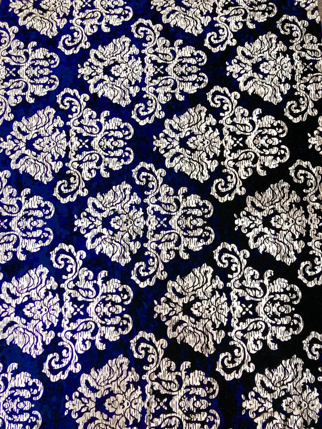 Polyester Crushed Velvet Fabric - Silver Foil Big Damask, 58-60" Width