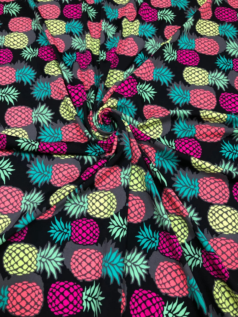 Nylon Spandex Fabric - Medium Weight Neon Pineapples Design, 57-58" Width