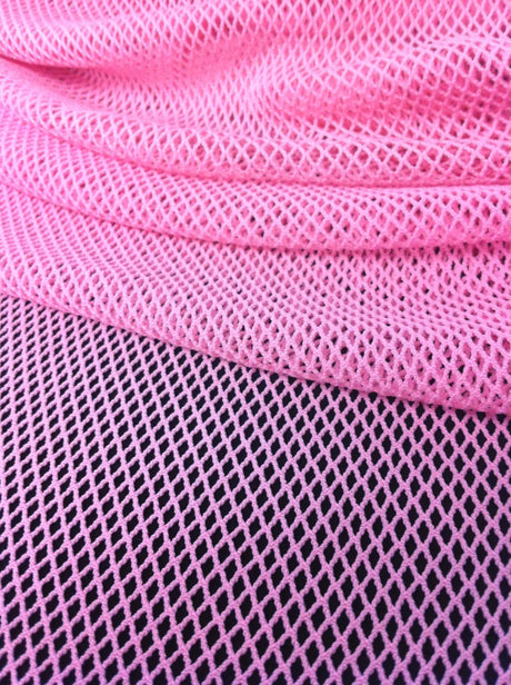 Pink Big Hole Fishnet Mesh Stretch See-Through Nylon Net Fabric - Pink See-Through Fishnet, 58" - 60" Width