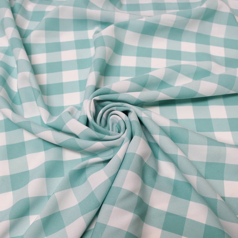 1″ inch Aqua White Checkered Gingham Polyester Poplin Fabric,