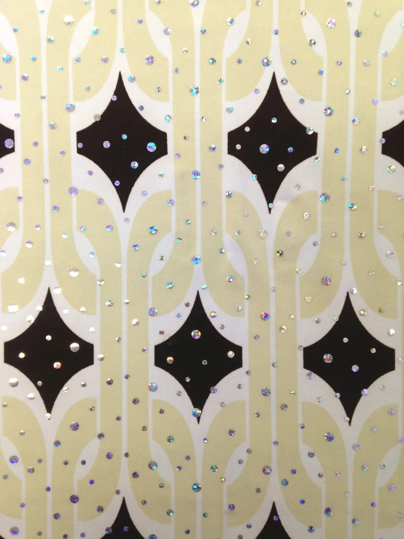 Retro Geometric Print Stretch Polyester Spandex Fabric - Silver Holographic Faux Sequins, 58" To 60" Width