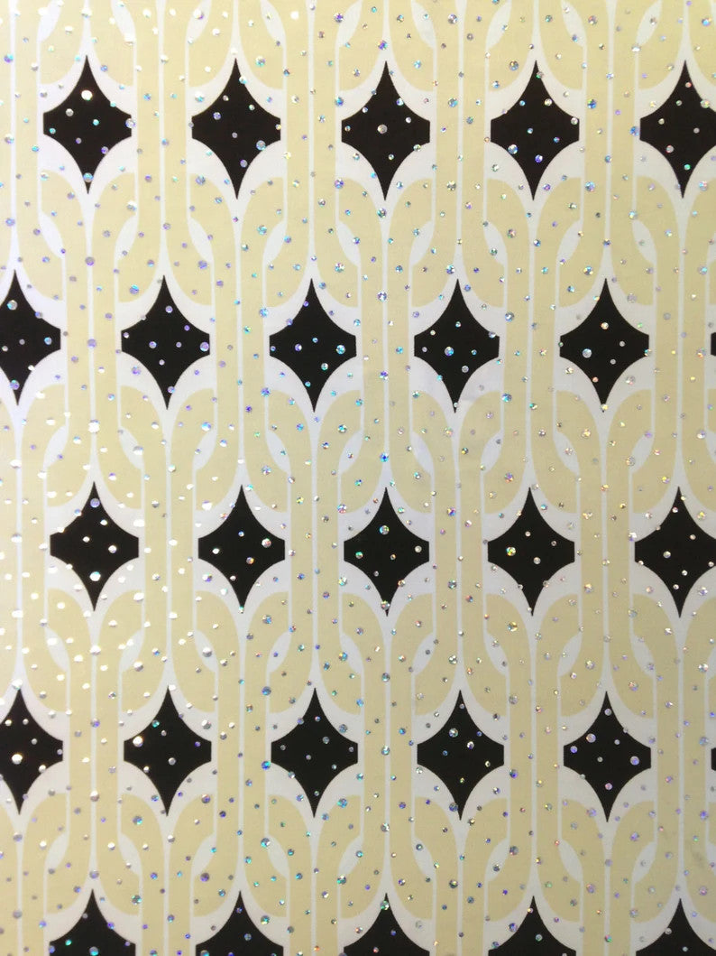 Retro Geometric Print Stretch Polyester Spandex Fabric - Silver Holographic Faux Sequins, 58" To 60" Width