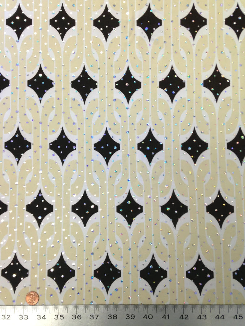 Retro Geometric Print Stretch Polyester Spandex Fabric - Silver Holographic Faux Sequins, 58" To 60" Width