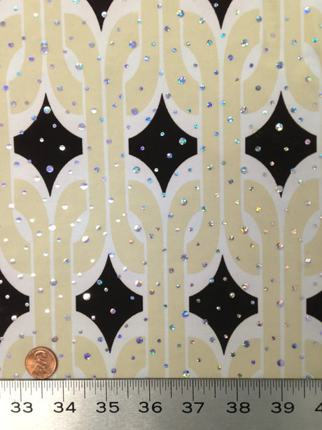 Retro Geometric Print Stretch Polyester Spandex Fabric - Silver Holographic Faux Sequins, 58" To 60" Width
