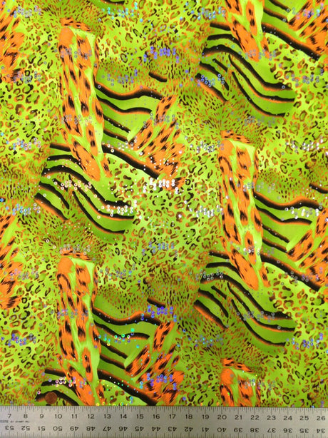 Mixed Animal Print Polyester Spandex Fabric - Holographic Faux Sequins, Neon Lime, Neon Orange, Neon Fuchsia