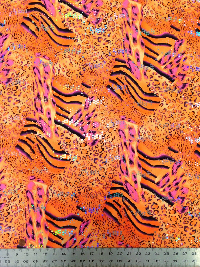 Mixed Animal Print Polyester Spandex Fabric - Holographic Faux Sequins, Neon Lime, Neon Orange, Neon Fuchsia