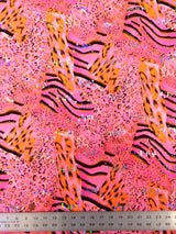 Mixed Animal Print Polyester Spandex Fabric - Holographic Faux Sequins, Neon Lime, Neon Orange, Neon Fuchsia