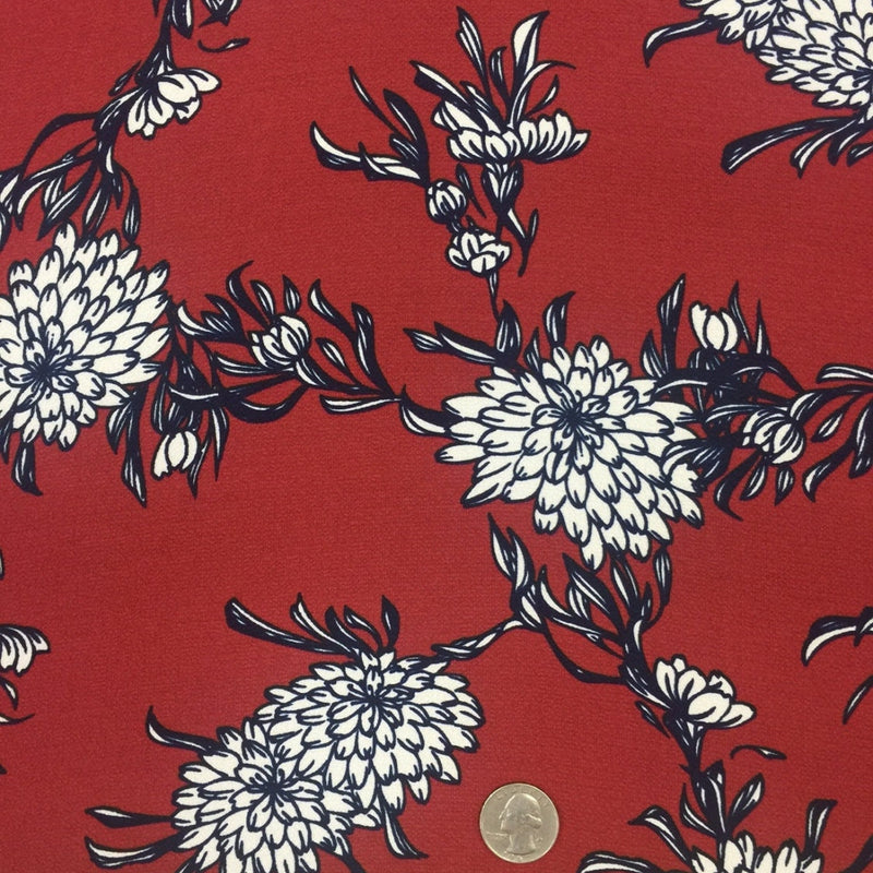 Floral Crepe Dress Fabric Marsala Red White Navy