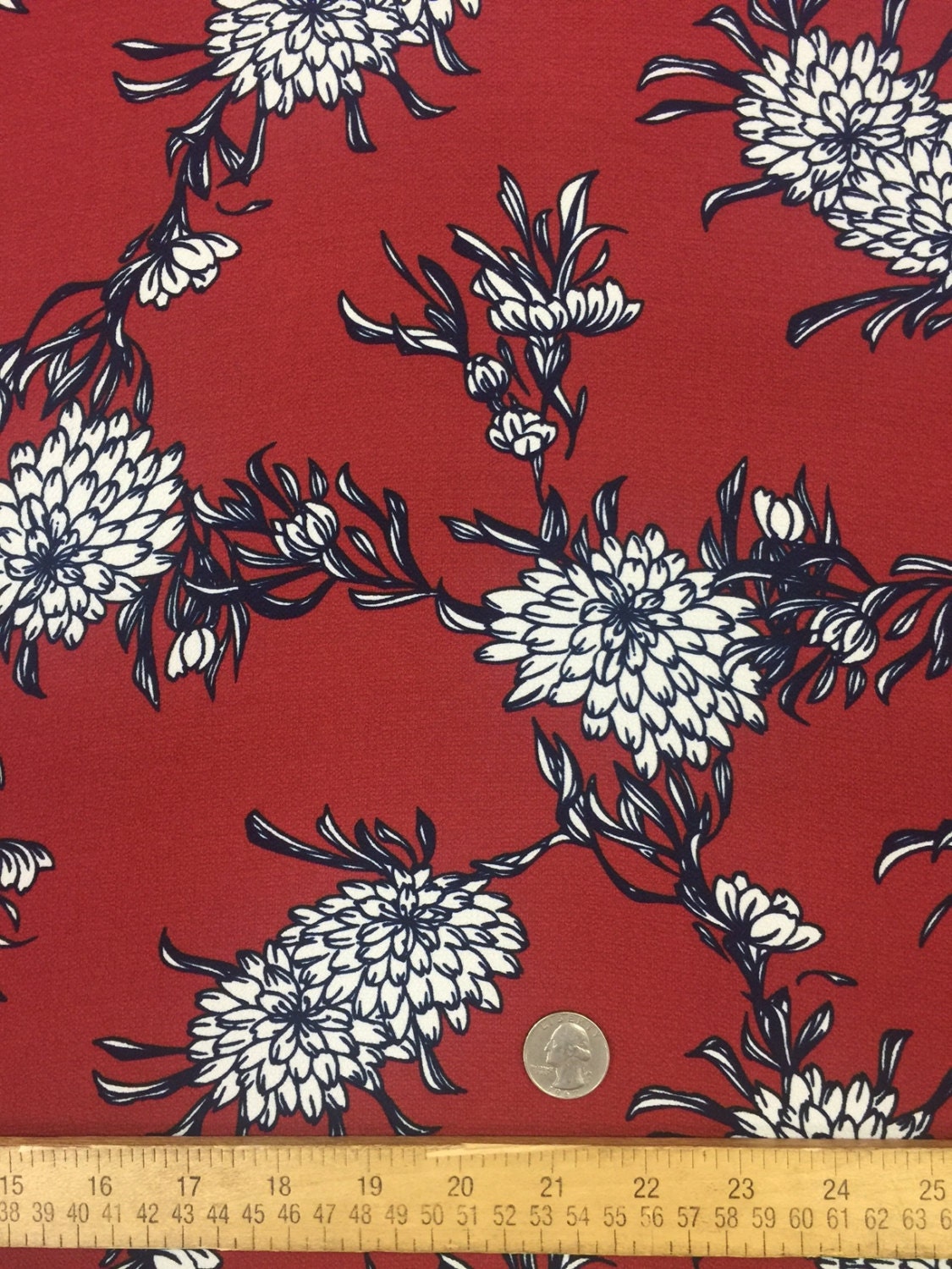 Floral Crepe Dress Fabric Marsala Red White Navy