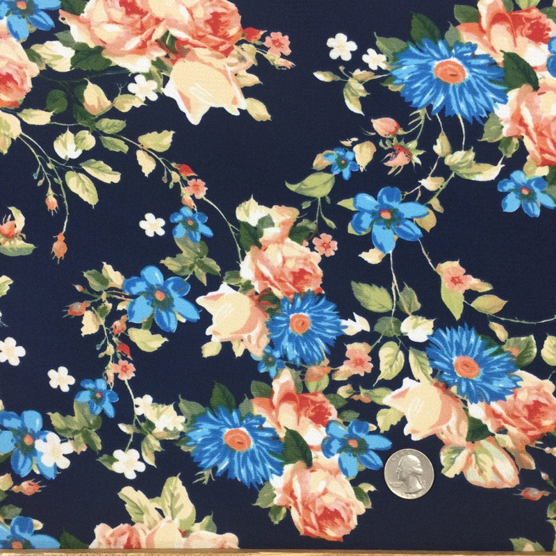 Polyester Crepe Stretch Navy Peach Floral Fabric