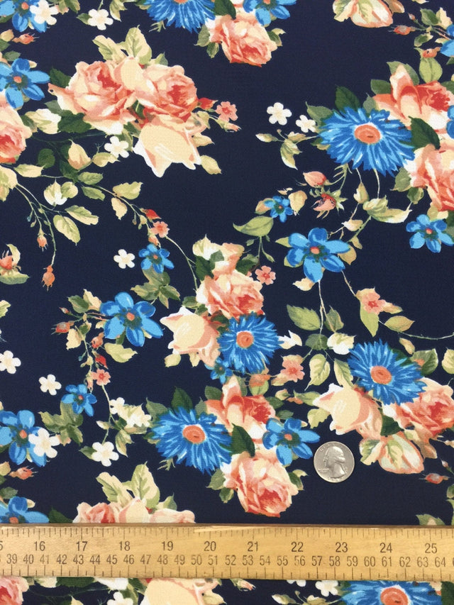Polyester Crepe Stretch Navy Peach Floral Fabric