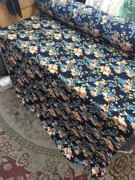 Polyester Crepe Stretch Navy Peach Floral Fabric