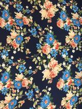 Polyester Crepe Stretch Navy Peach Floral Fabric