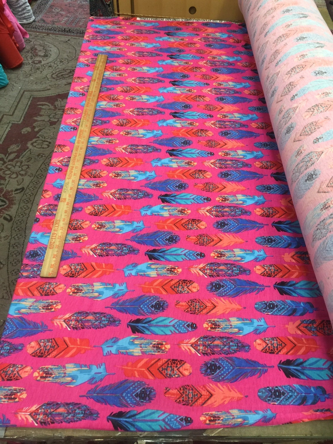 Stretch Rayon Feather Print Fabric Pink Fuchsia