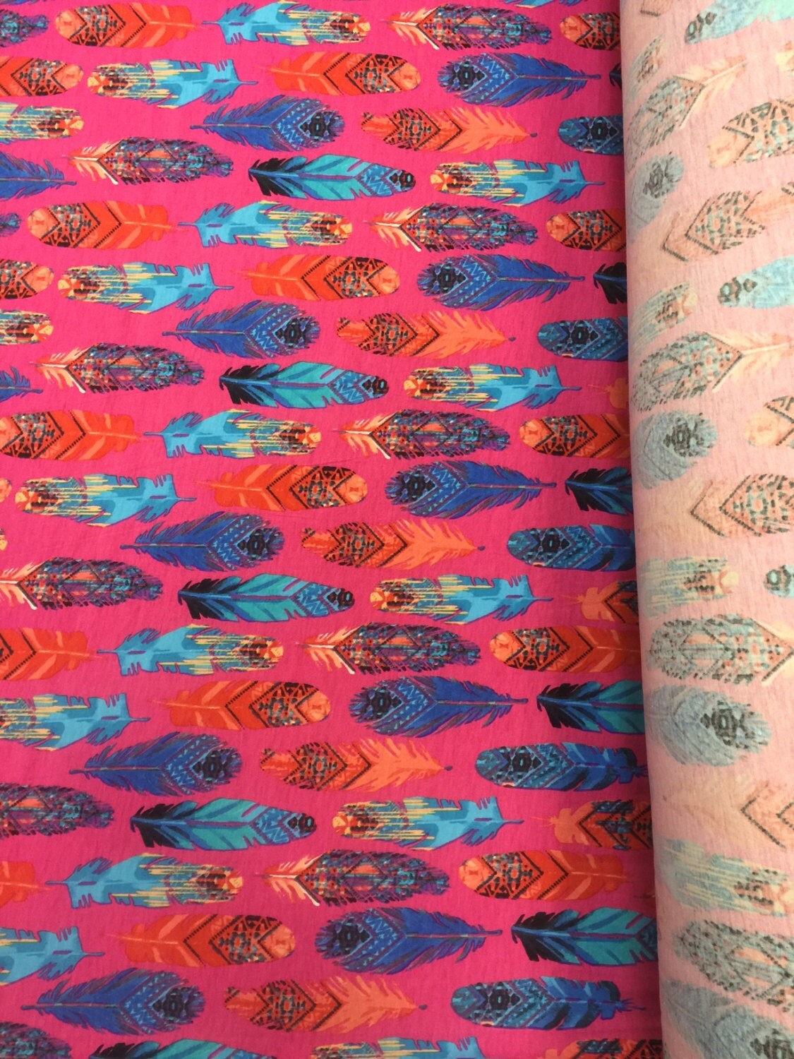 Stretch Rayon Feather Print Fabric Pink Fuchsia