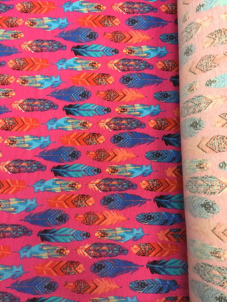 Stretch Rayon Feather Print Fabric Pink Fuchsia