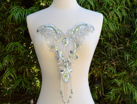 Beaded Sequined Applique Silver Iron-On