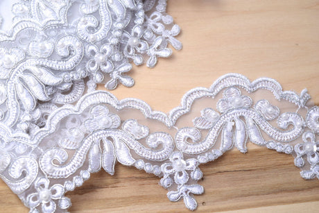 Bridal Lace Trim Silver Pearl Sequin