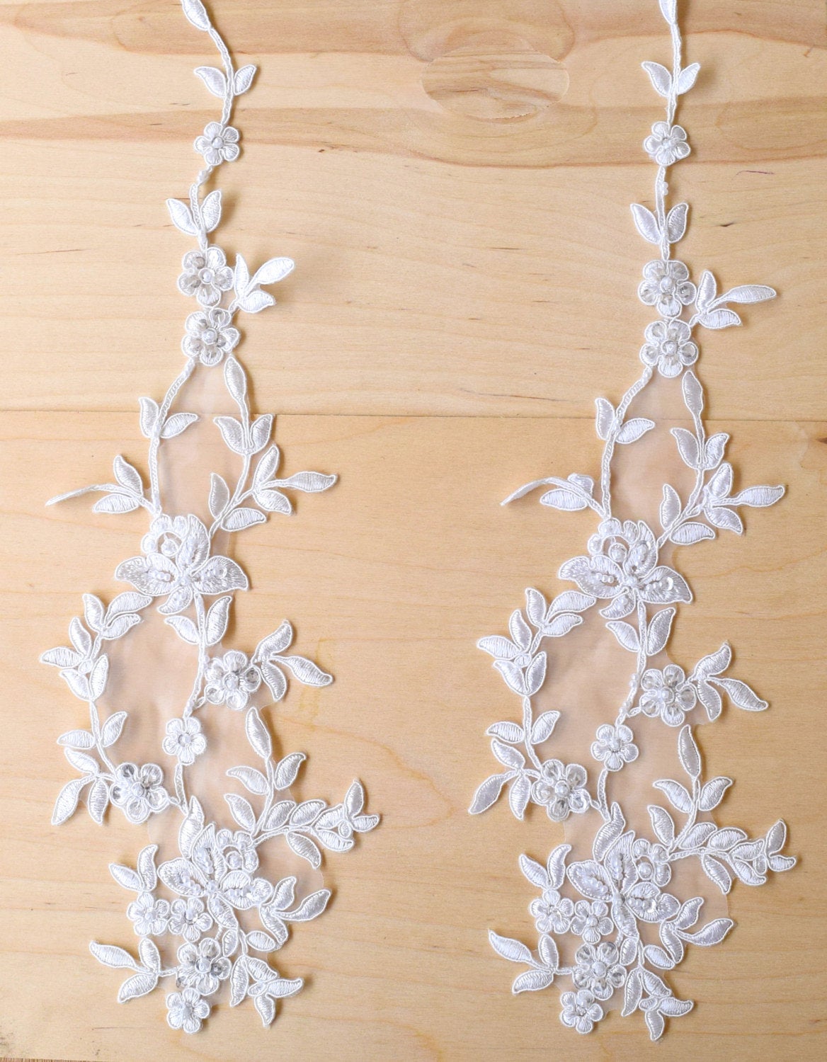 Beaded Floral Lace Applique Pair