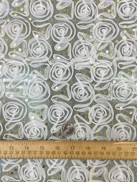 Sequin Lace Mesh Fabric Off White Rosettes Gold