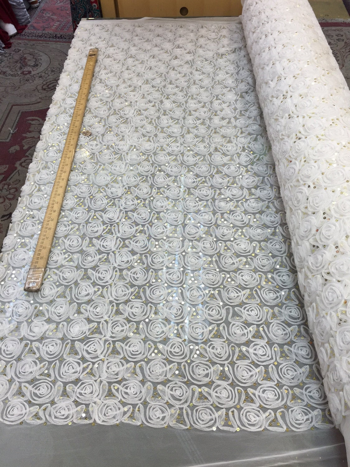 Sequin Lace Mesh Fabric Off White Rosettes Gold