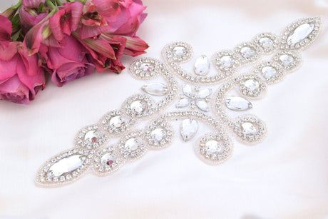 Rhinestone Bridal Applique Silver Double Swirl