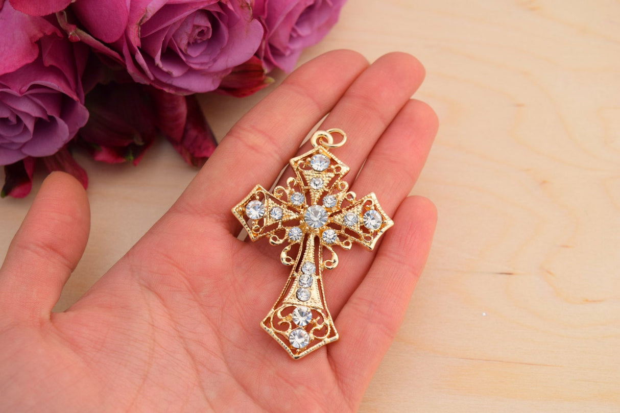 Rhinestone Cross Charm Gold Silver