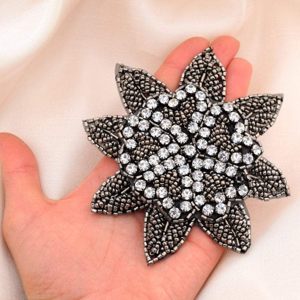 Beaded Flower Applique Graphite Charcoal 4.5"