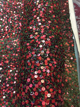 Sequin Mesh Fabric Green with Red and Brown