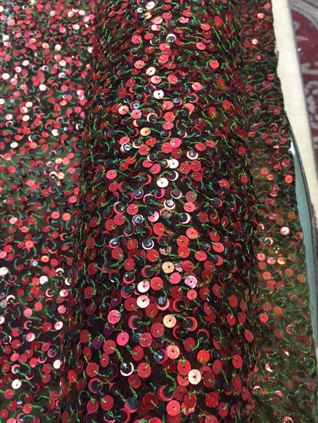 Sequin Mesh Fabric Green with Red and Brown