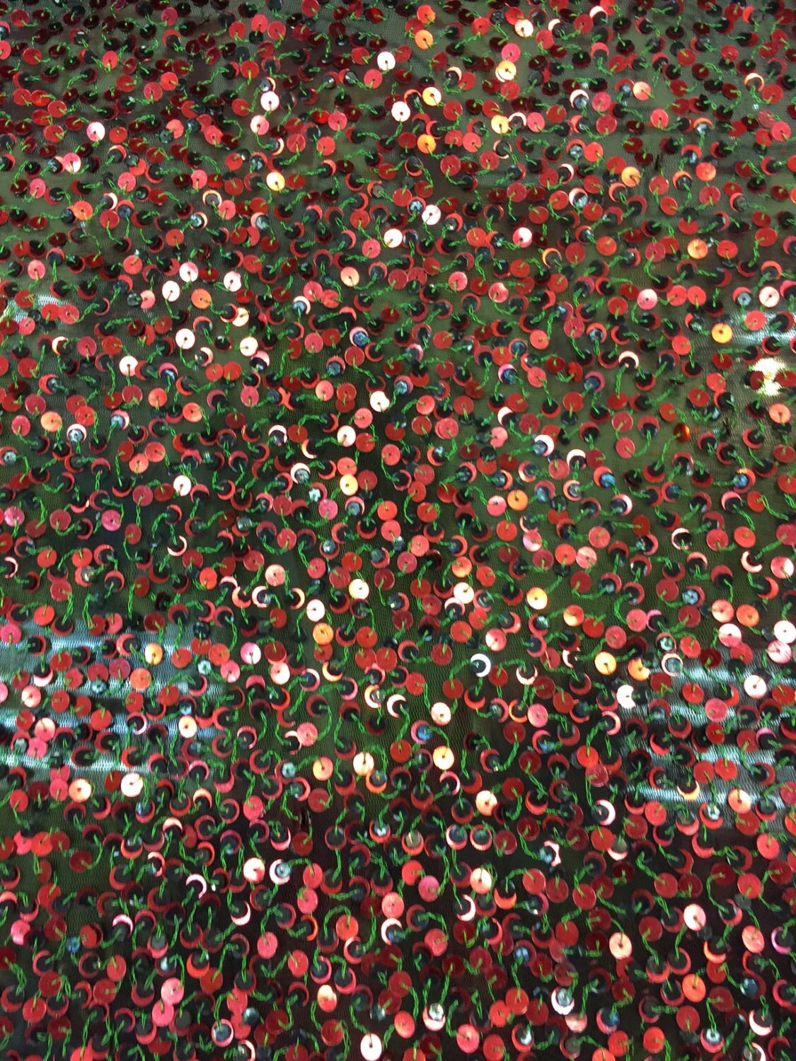 Sequin Mesh Fabric Green with Red and Brown